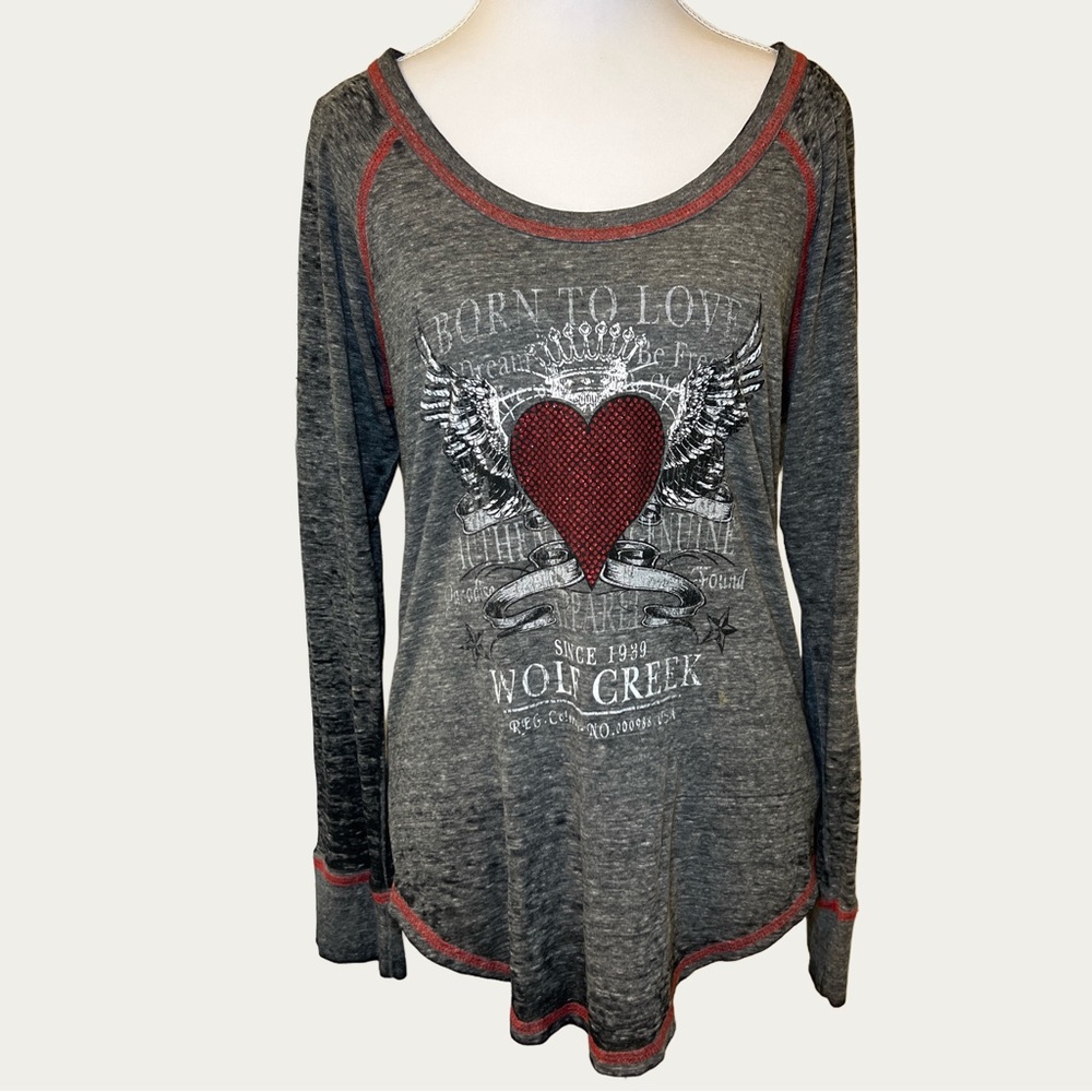 Blue 84‎ Gray Long Sleeve with Red Jeweled Heart Design Size Medium 90’s/Y2k